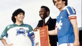 Diego Maradona, Pele, Michel Platini with Say No to Drugs in Football jerseys