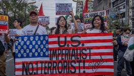 Progressive organizations led by Bagong Alyansang Makabayan along with the Philippines-Bolivarian Venezuela Friendship Association marched to the US embassy, denouncing the United States’ aggressive military attacks on Venezuela. Photo: Bulatlat