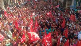 A protest rally during the February 12 general strike called by 10 central trade unions against the labour codes, among other demands.