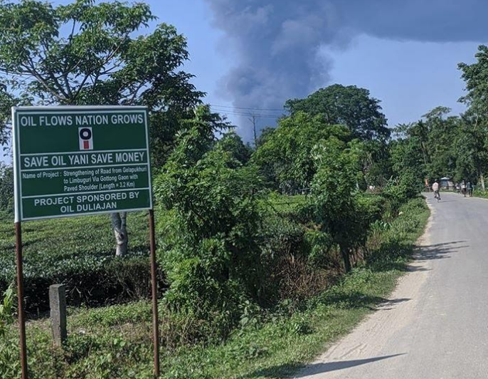 The flames of Baghjan Oil filed blast could be seen from 2-3 kilometers from the site. Photo: Noihrit Gogoi.