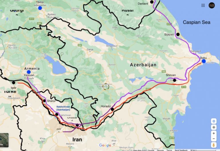 Railway from Yerevan passing through territory of Azerbaijan – Nakhichevan to Russia with  a link line to Iran along Caspian coast. Both routes were actively used during Soviet era as railways and highways.