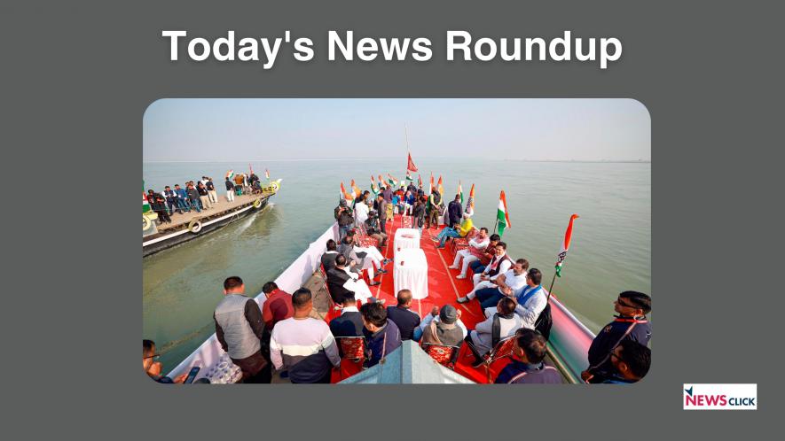 Congress leader Rahul Gandhi with party leaders and supporters on a boat during the 'Bharat Jodo Nyay Yatra' in Majuli, Assam, Friday, Jan. 19, 2024. (PTI Photo) (PTI01_19_2024_000094B)