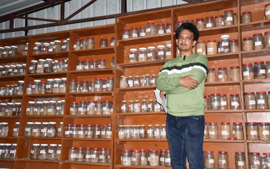 Professor Sinha in his seed bank store near the fields.