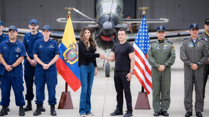 Kristi Noem and Ecuadorian President Daniel Noboa with the Ecuadorian Air Force at Eloy Alfaro Air Base in November 2025. Photo: DHS
