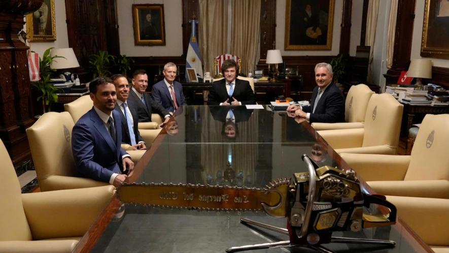 Argentine President Javier Milei, together with Foreign Minister Pablo Quirno, received Palantir founder Peter Thiel at the Casa Rosada on April 23. Photo: Oficina del Presidente/X