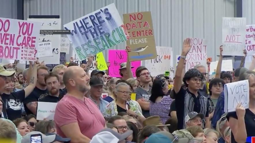 Protestors voice opposition to an approved 40,000 acre data center in rural Utah at the Box Elder County Commission meeting on May 4. Photo: screenshot